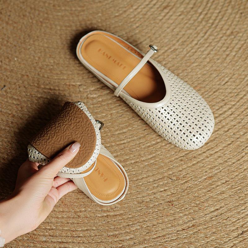 Summer Women's Baotou Slippers Casual Solid Color Flat-bottomed Slippers Women's Genuine Leather Beef Tendon Soft Bottom Cool Slippers New Foot Cover