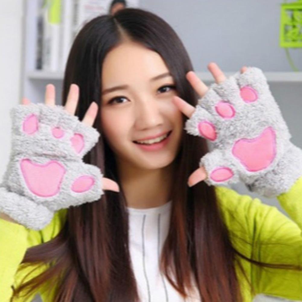 Cute Cat Claw Paw Plush Mittens Warm Soft Plush Short Fingerless Fluffy Bear Gloves for Woman