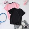 Girly Collar Short-sleeved T-shirt, Pink and Black Contrast Color Bow Embellished Loose Casual Summer Top
