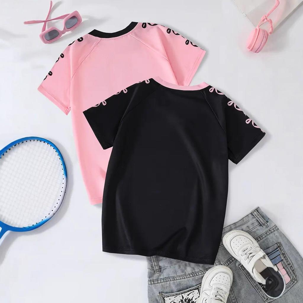 Girly Collar Short-sleeved T-shirt, Pink and Black Contrast Color Bow Embellished Loose Casual Summer Top
