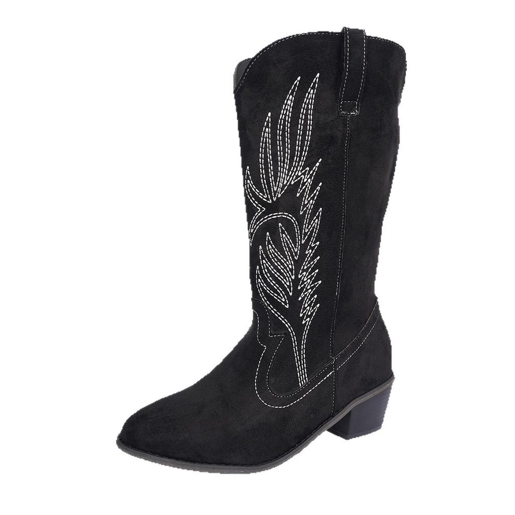 Damskie Kowbojki Szerokie Średniej Długości Do Łydki Szpiczaste Palce Antypoślizgowe Haftowane Masywne Obcasy Blokowe Kowbojki Wsuwane Wygodne Botki Western dla Kobiet