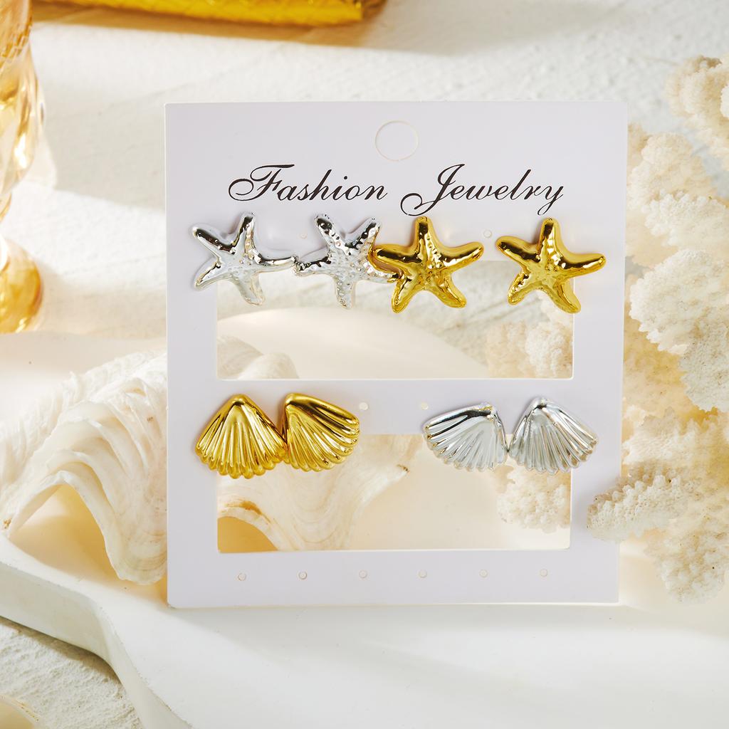 4Pairs/Set Starfish Shell Stud Earrings for Women Gold Silver Color Ocean Beach Earrings Fashion Jewelry