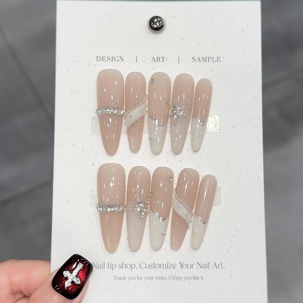 French White Streamer Star Zircon Pure Hand-worn Nail Temperament Pure Desire To Show White Nail Patch Fake Nails