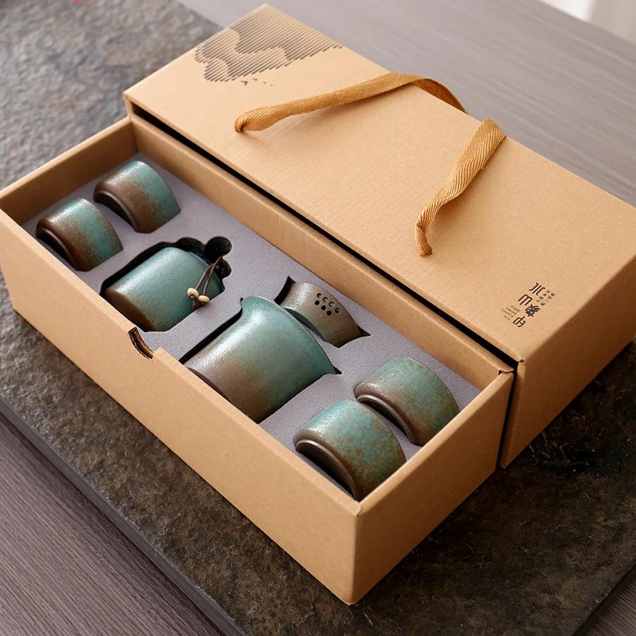 

Kiln-Transformed Spring Green Rough Pottery Tea Set 1 Pot 4 Cups for Chinese Tea Ceremony Zen Home Office Decor Gift Eight-piece Set
