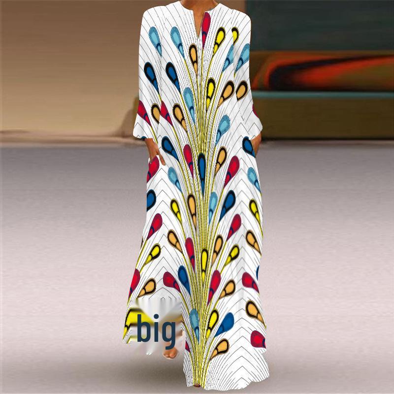 2024 Spring/Summer Women's V-Neck Long Sleeve Pocket Print Maxi Dress