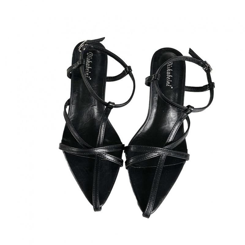 2025 Spring and Autumn New French Pointed One-word Buckle with Low-heeled Sandals Feminine Temperament Thin Belt Fairy Sandals