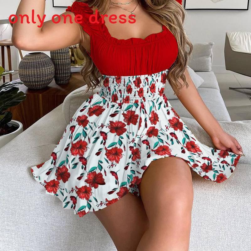 Urban Style Sleeveless Polyester Collage Womens Summer Dress With Pleated Skirt For Casual Wear