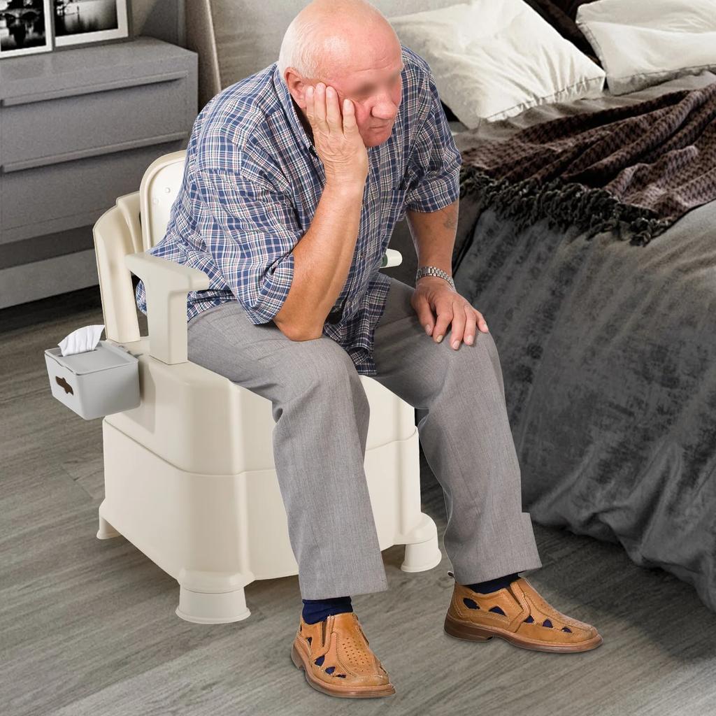 Orinal para Cama, Asiento de Inodoro Portátil, Silla Orinal Extra Ancha para Adultos con Reposabrazos, Cubo y Portarrollos