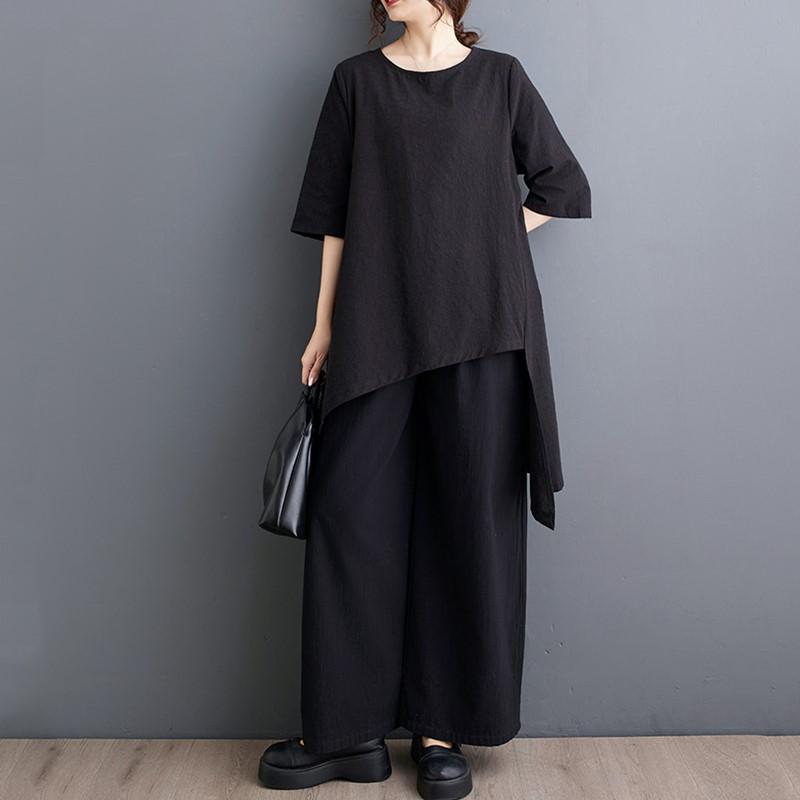 Krátký rukáv Nadměrná velikost Černá vintage Ležérní volné dlouhé topy Dámské letní tričko