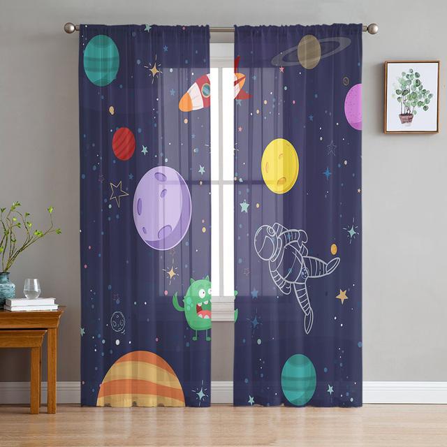 Galaxy Moon Sun Simple Planet Sky Sheer Curtains Living Room Window Tulle Curtains Bedroom Veiling Curtains Decor Luxury Drapes
