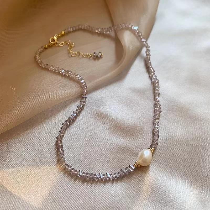 Light Purple Crystal Freshwater Pearl Necklace Women Fashion Jewelry Daily Accessories Gift