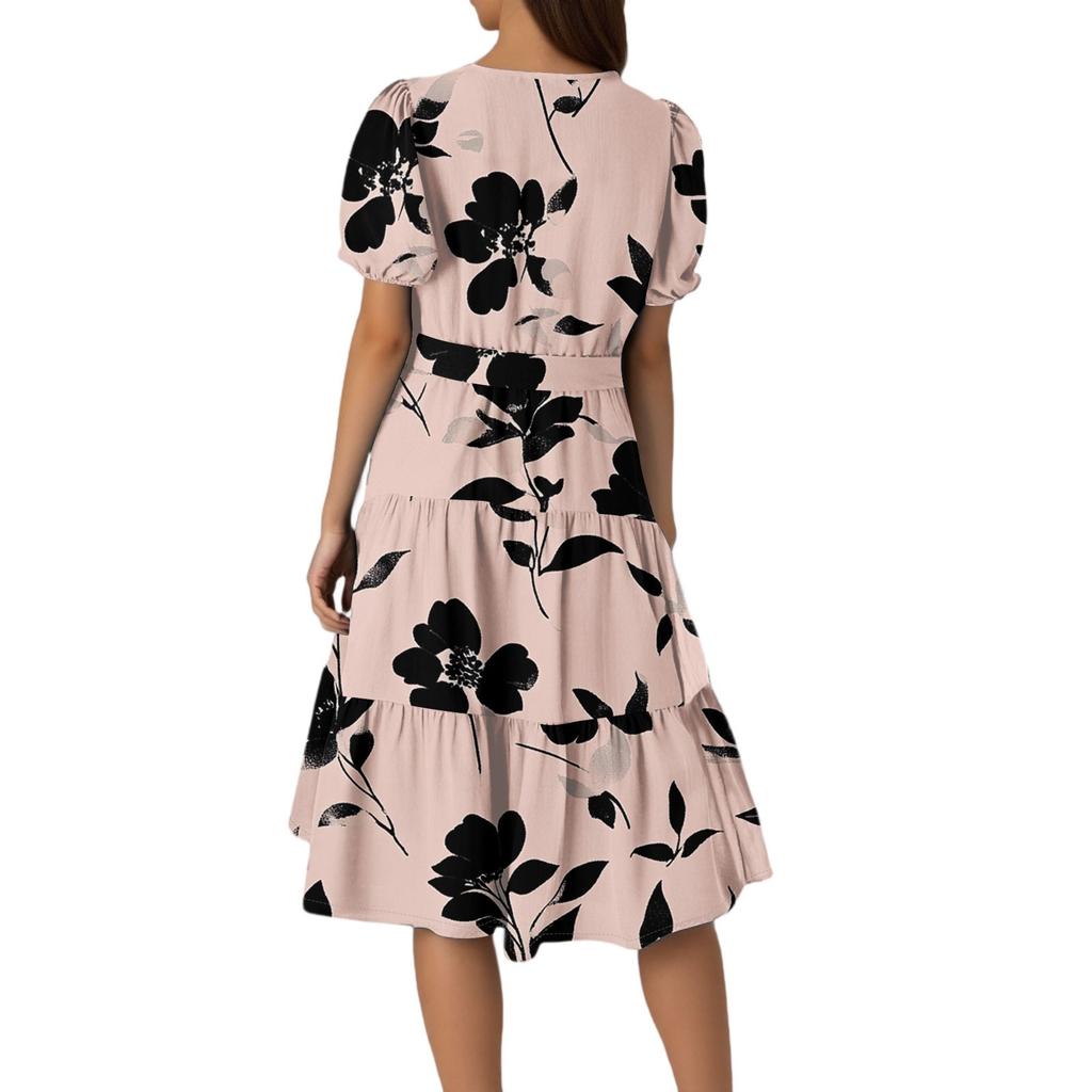 Women's Summer Floral Print Short Sleeves Neck Waistband Bohemian Flowy Maxi Dress With Pockets