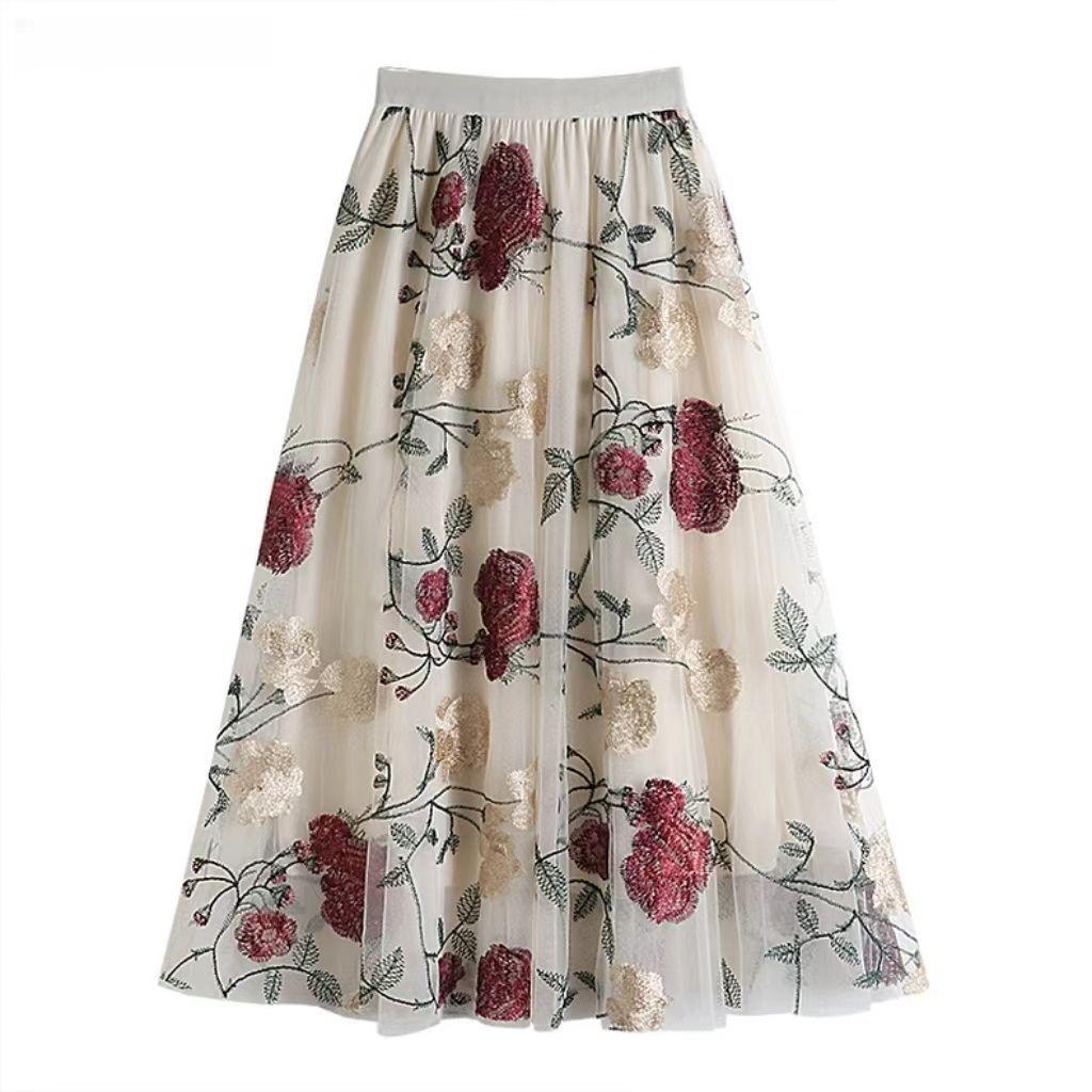 Women's French Retro Floral Embroidery A-Line Mesh Skirt for Spring/Summer