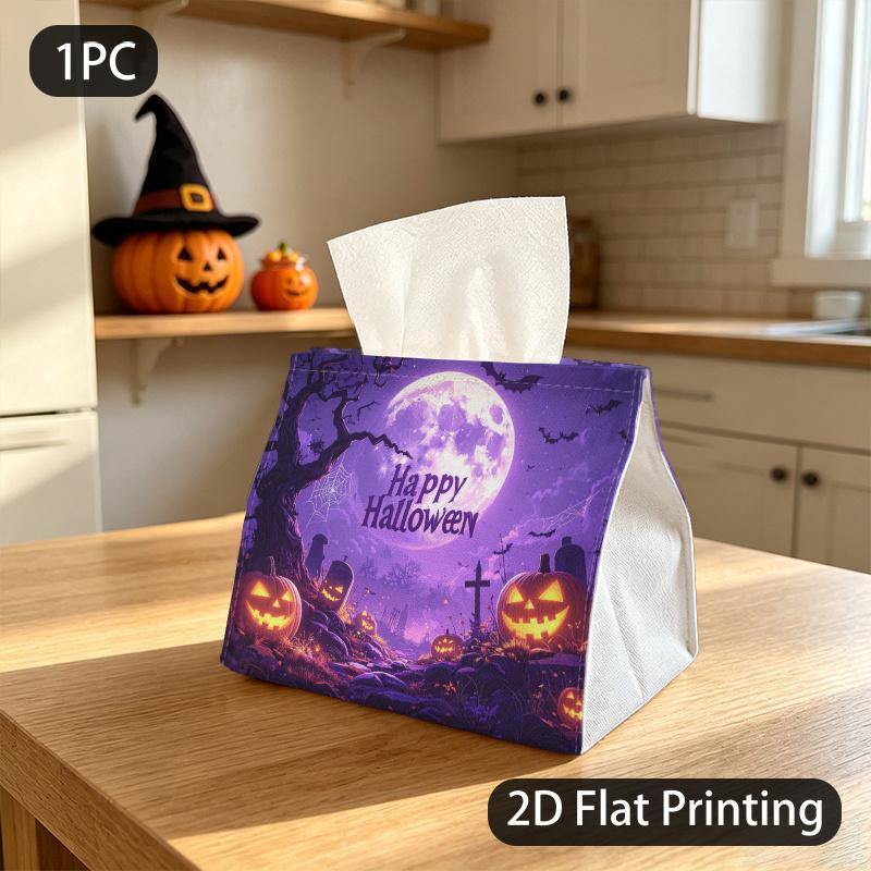 1pc Spooky Halloween Tissue Box with Bat Moon - Suitable for Halloween Decorations, Compact Portable Tissue Container, Polyester Fabric Holder, Tablet