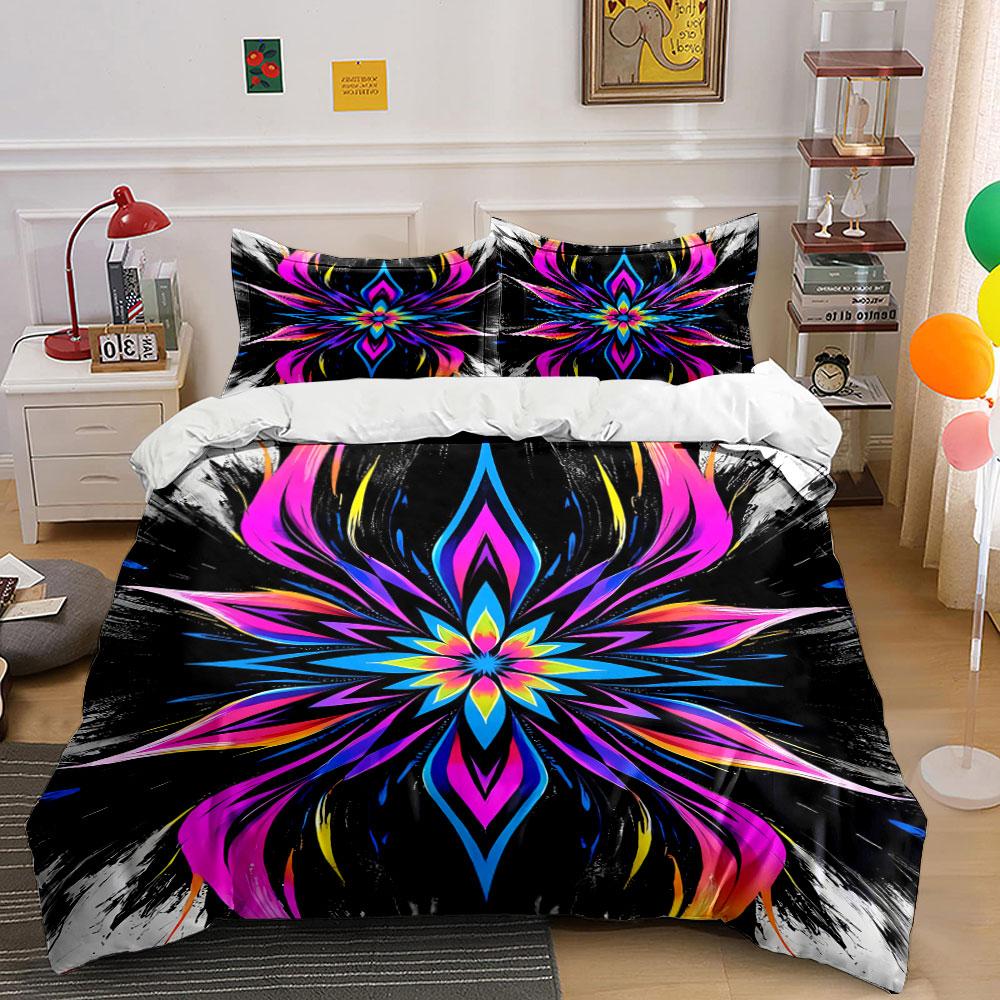 Vibrant neon floral mandala. Bedding sets Duvet cover sets Duvet covers Pillowcases(1* Duvet Cover 2* Pillowcases without duvet insert)