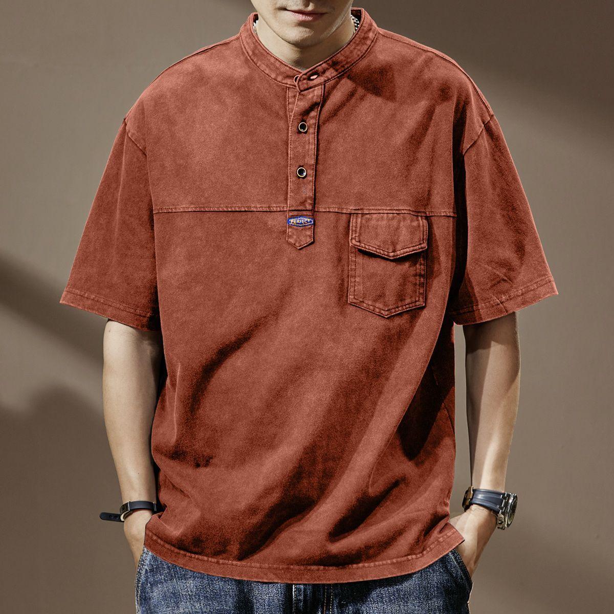 

Мужская футболка с коротким рукавом, ферментированная, с ностальгической стиркой, рубашка-поло, высококачественная, свободная, трендовая, брендовая, с круглым вырезом, стиранная старая 4XL красный