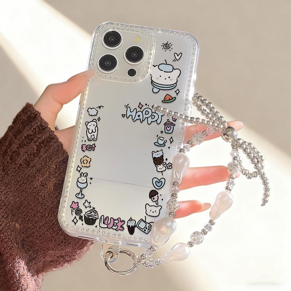 Bracelet Chain Phone Case For iPhone 17 16 15 13 14 for 17Air 17 12 14 16 Pro 17 14 16 Pro Max Sparking Diamond Cute Pattern Hard Cover With Lanyard