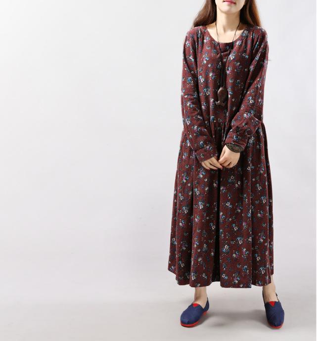 Spring Women's Cotton and Linen Floral Long Sleeved Dress