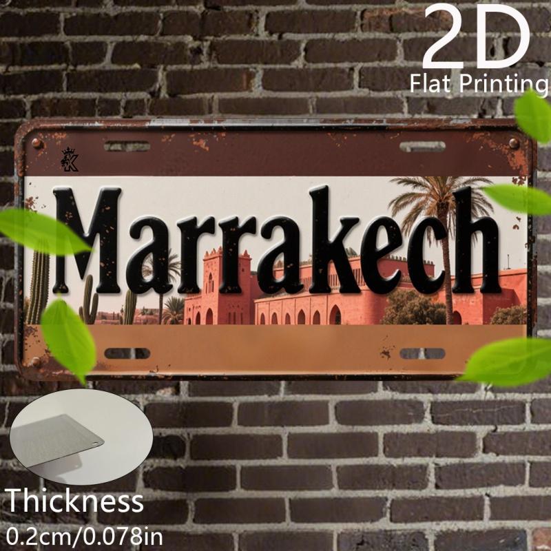 2D Flat, Retro Aluminum Plate, Decorative Plaque & Statues (6"x 12"), Marrakech with Desert Architecture, Travel Themed Decor