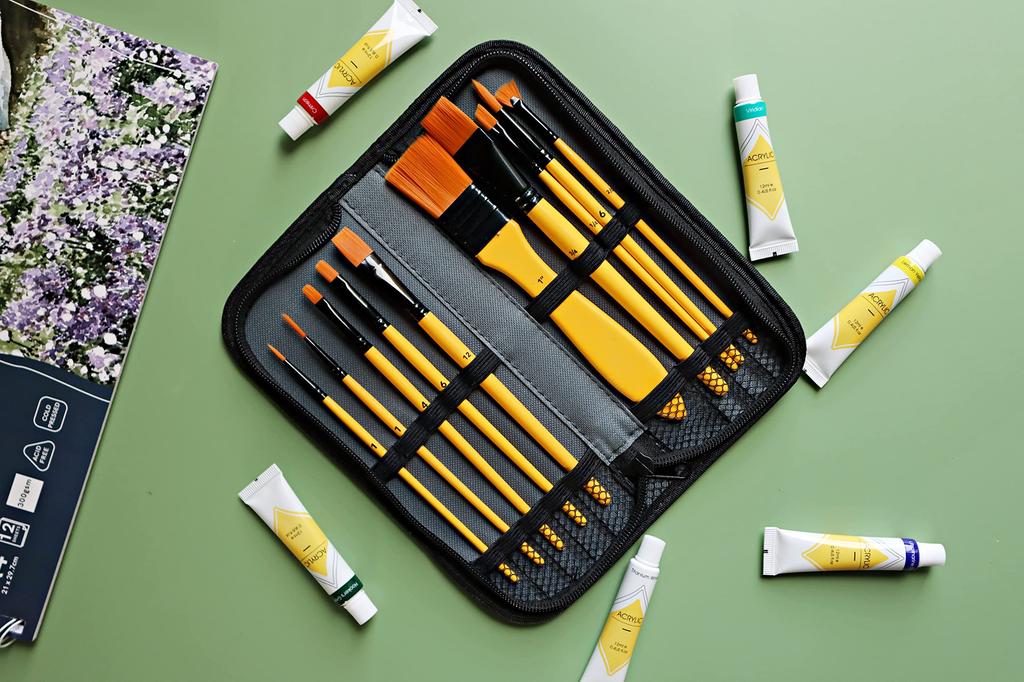 Exerz Acrylic Paint Brush Set 10 Pcs Synthetic Hair Artist Professional Brushes In a Travel for Acrylic Watercolor Gouache Face Paint Case/Perfect &