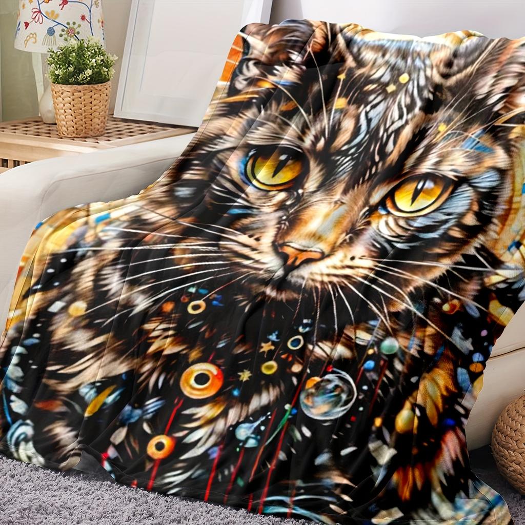 1pc 3D Charming Tiger Cat Throw Blanket, Rustic Polyester Digital Print, Soft Cozy Air Conditioner Blanket For Home Decor, Anima
