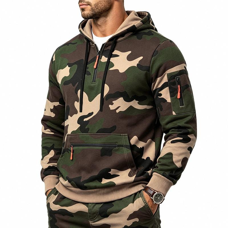 Men S Outdoor Casual Camo Fleece Half Zip Hooded Long Sleeve Sweatshirt