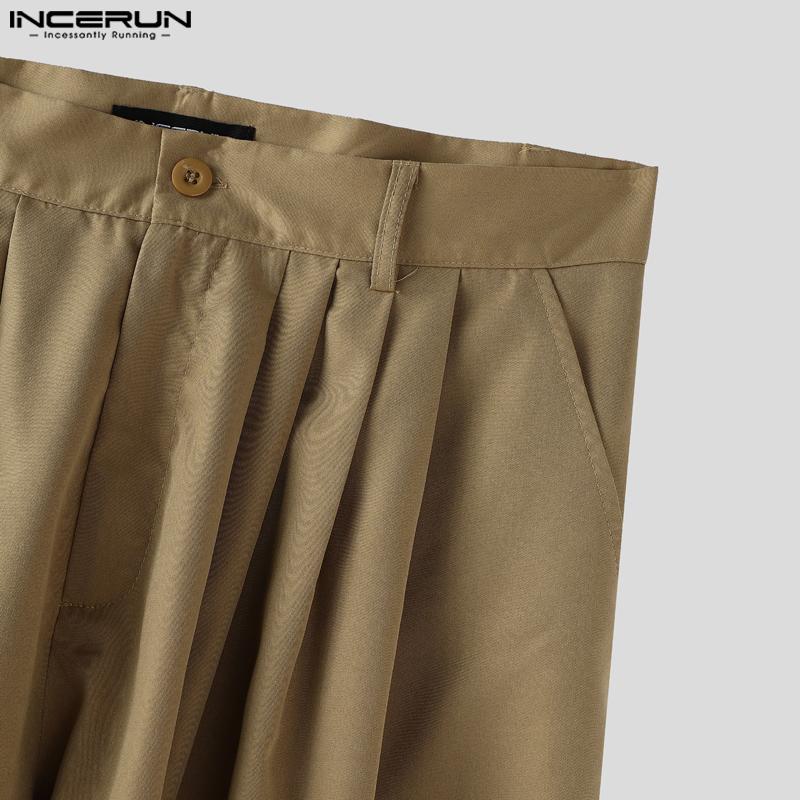 INCERUN Men Zip-up Waist Solid Color Casual Loose Cropped Straight Pants