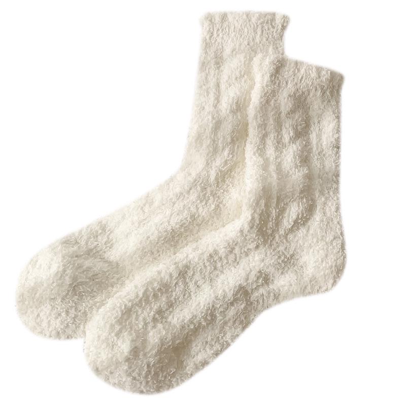 Women's Black & White Coral Fleece Mid-tube Socks - Thick, Warm, Twisted Design for Autumn & Winter