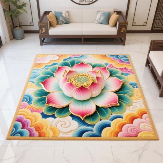 Yousheng Lotus Area Rug Non-slip Washable Flower Indoor Floor Mat Chinese Style Lotus Carpet Living Room Bedroom Office Home Decoration