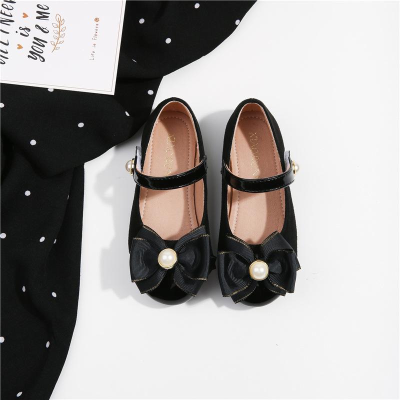2024 Autumn Girls Shoes Sweet Pearl Princess Casual Leather Shoes Shallow Mary Janes Soft Black Bow Kids Shoes Dress Party Flats