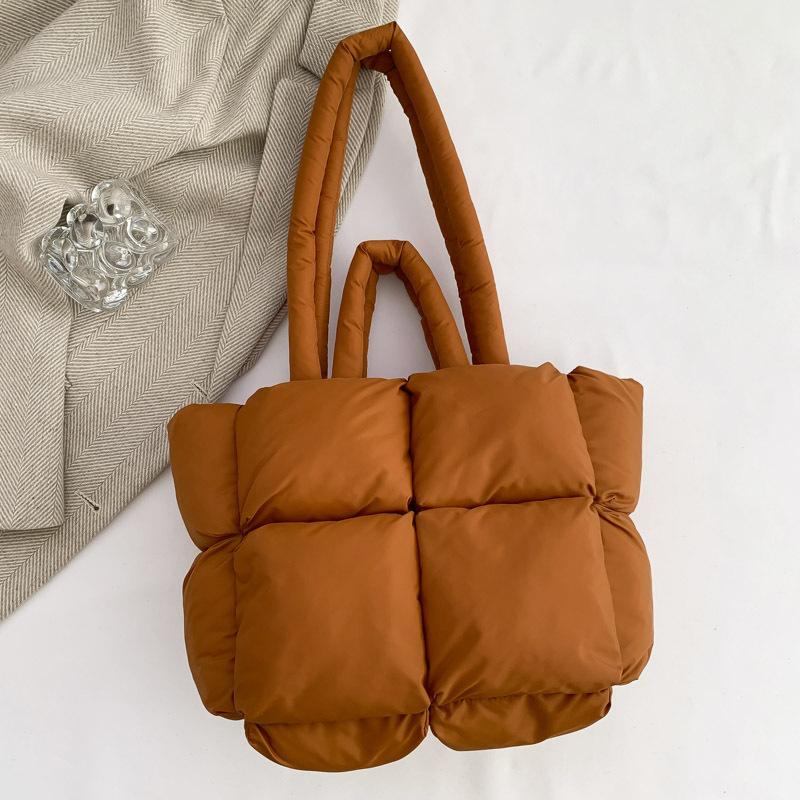 Down Bag Cotton Clothing Women's Bag Simple Cotton Space Bag Tote Bag Soft Checkered Handbag Shoulder Bag