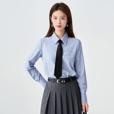 Women's Blue Striped Slim Fit College Shirt for Petite Students