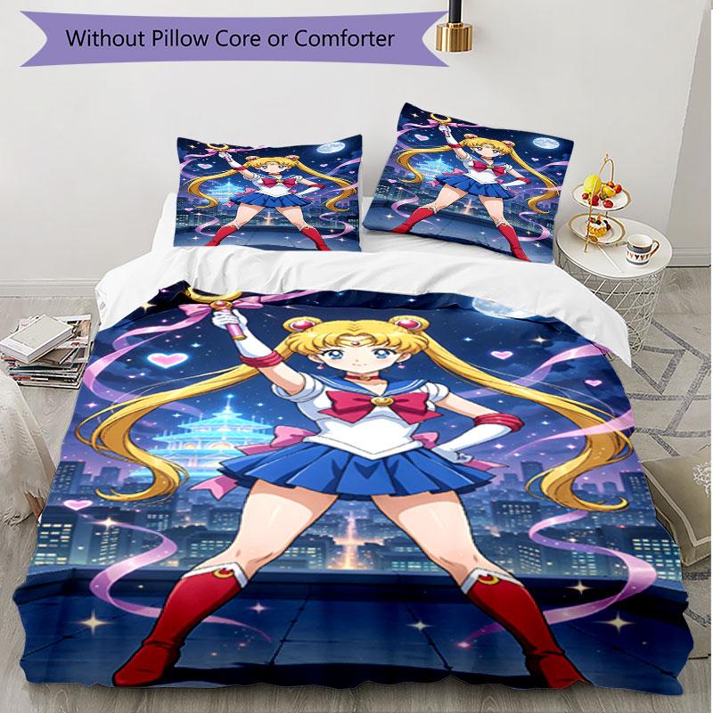 3-teiliges Bettbezug-Set (1 * Bettbezug + 2 * Kissenbezug, ohne Kern), Sailor Moon Druck Weiches Ganzjahres-Bettwäscheset, Heim-Schlafzimmer-Dekoration Geschenk