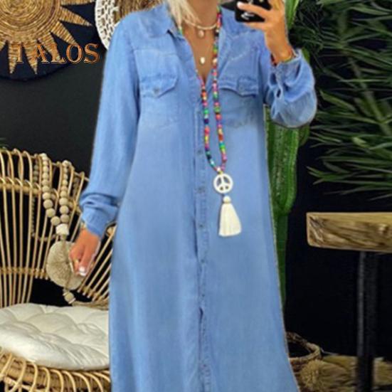 Toamnă, primăvară, rochie de damă, cu un singur rever, mâneci lungi, buzunar pe piept, tiv despicat, rochie de dimensiuni mari, culoare uni, nasturi, linie a, ținută zilnică maxi