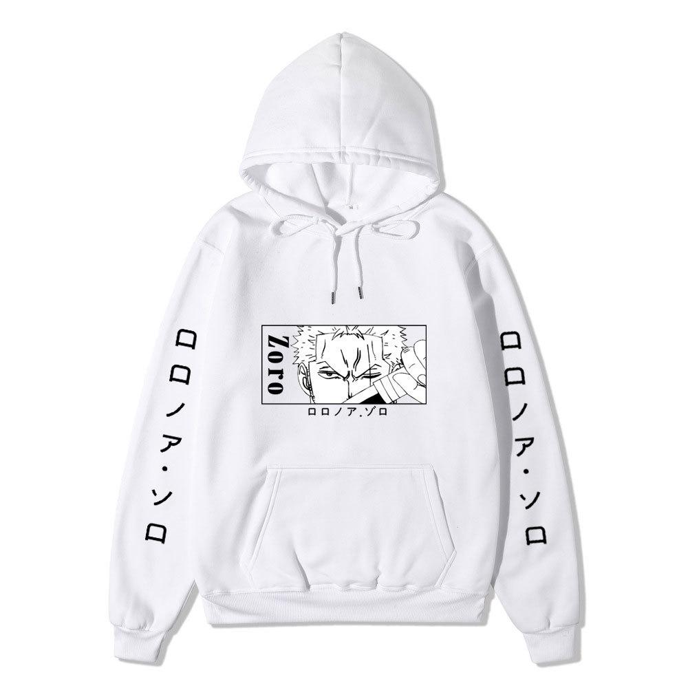 One Piece Hoodie, Roronoa Zoro Manga Graphic Japanese Letter Sleeve Print Pullover Sweatshirt Unisex Streetwear