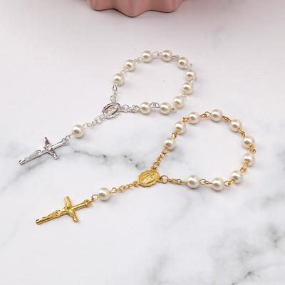 NEW Catholic Cross Finger Chain Mini Rosary Finger Baptism Rosaries Faux Pearls Bracelet for Baptism Favors Christening