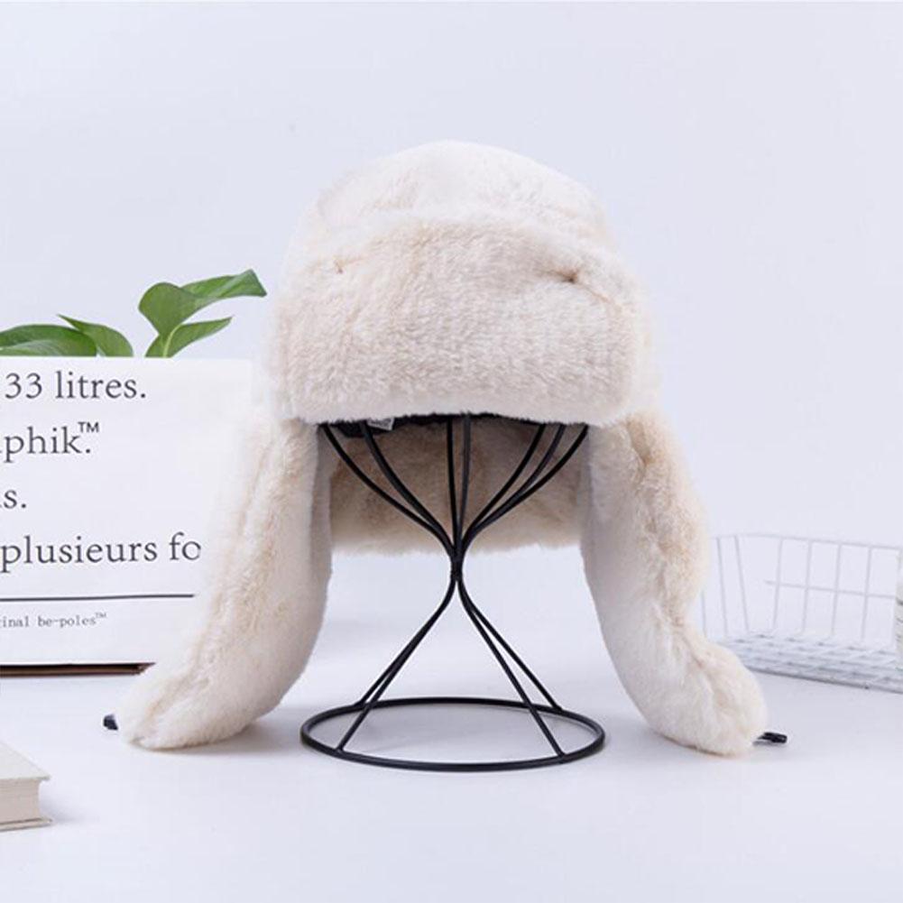 Women Winter Plush Bomber Hat with Earflap Solid Color Lady Thicken Warm Ushanka Hat