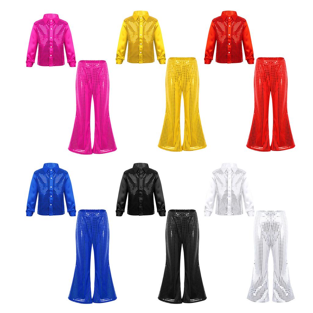 Boys Sequined Long Sleeve Spread Collar Shirt Elastic Waistband Flared Pants Jazz Outfit