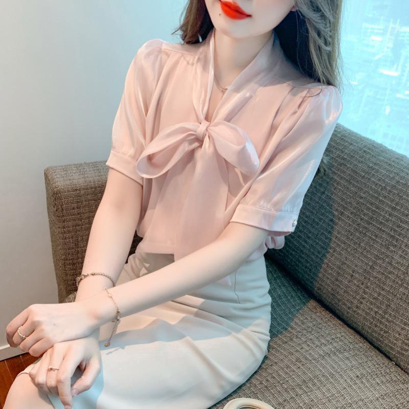 2025 Summer New Korean Style V-Neck Bow Lace Chiffon Shirt - Pink Sweet Short-Sleeved Top