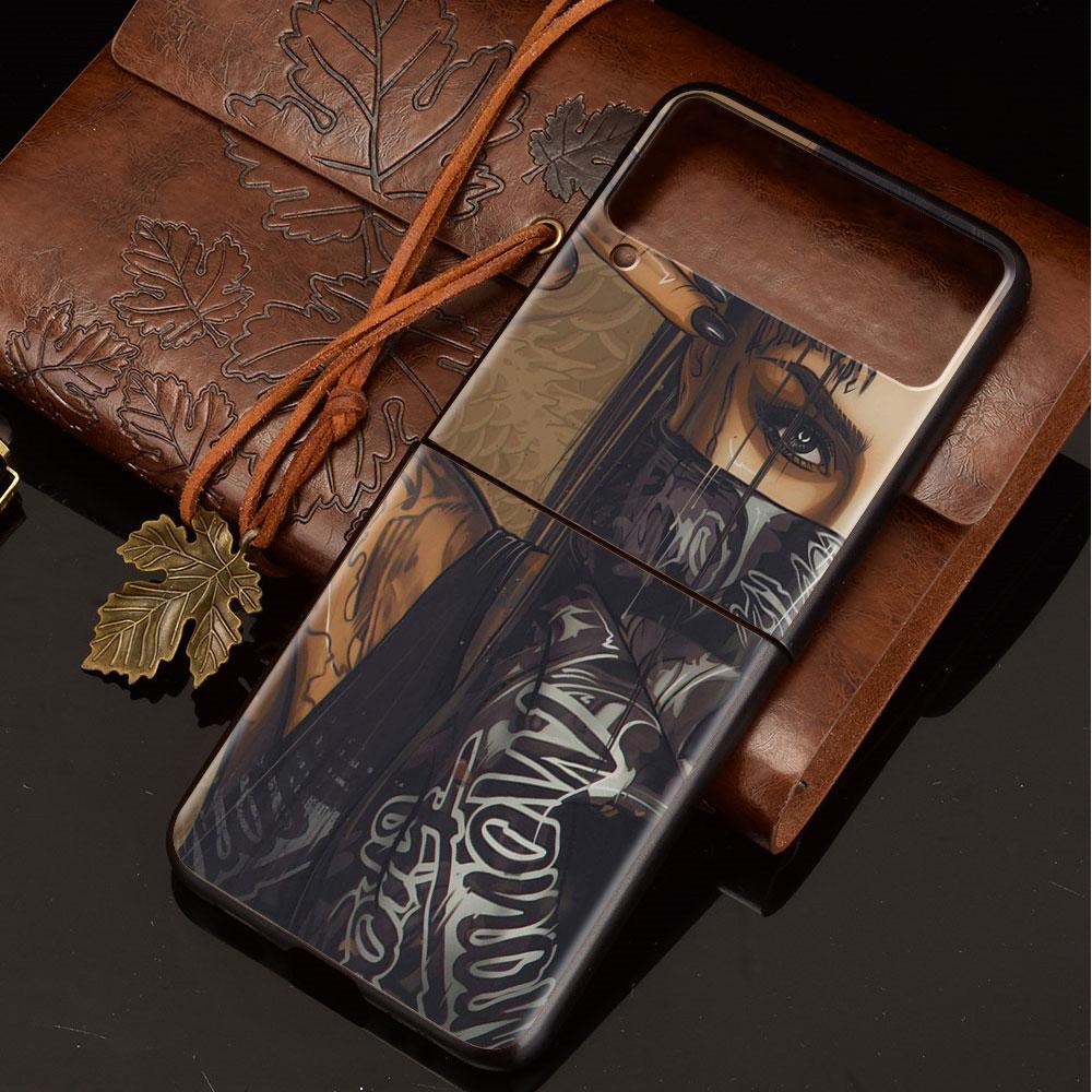 Luxury Case For Samsung Galaxy Z Flip 4 3 5G Black PC Hard Phone Cases Fashion Back Cover ZFlip Funda Sexy Tattoo Girl Shell Sac