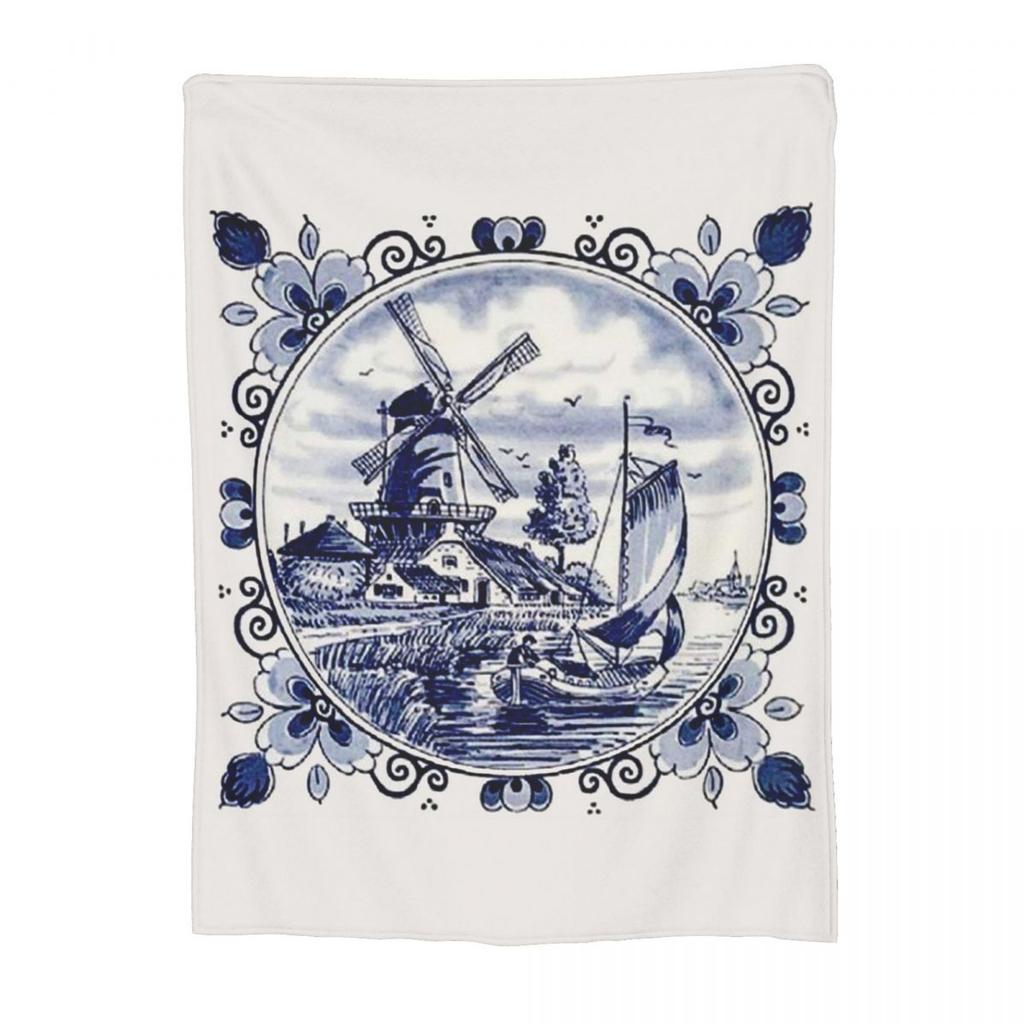 Dutch Blue Delft Vintage Windmill Blankets Soft Warm Flannel Throw Blanket Bedspread for Bed Living room Picnic Travel Home Sofa