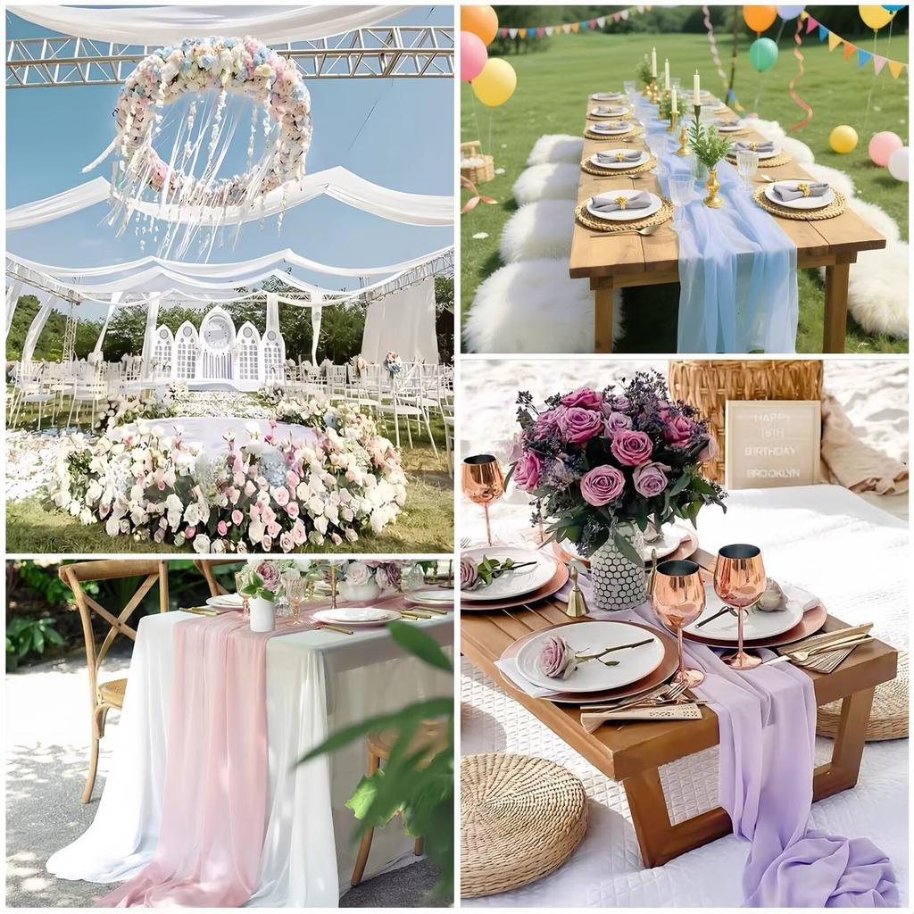 Boho Sheer Chiffon Fabric Table Runner Rustic Romantic Tulle Table Runner for Christmas Wedding Party Birthday Table Decorations