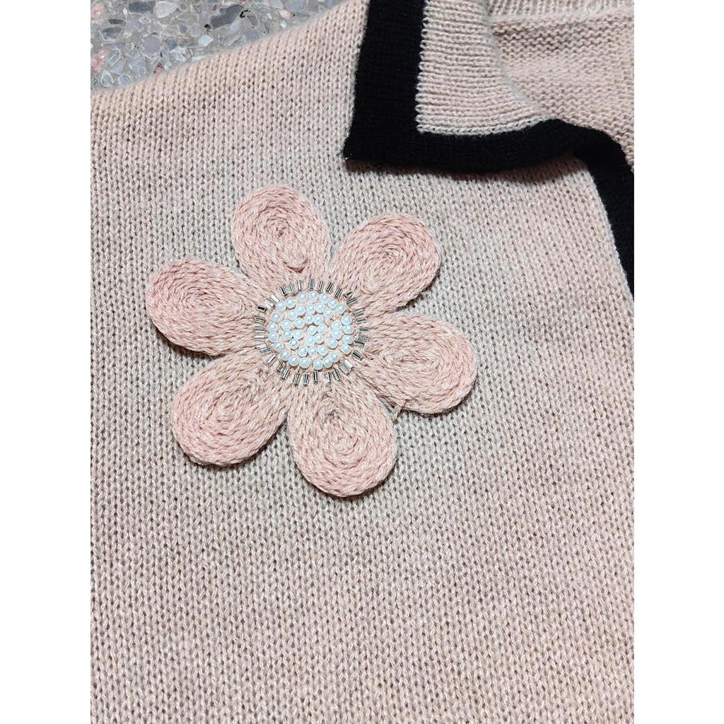 Women's Fall Winter Pullover Sweater, Contrast Color Collar Flower Embroidery Beaded Patchwork Top, Casual Women's Clothing
