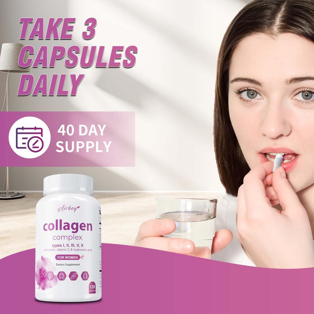 Collagen capsules containing biotin, vitamin C, and hyaluronic acid help maintain skin elasticity and support healthy hair, nails, and joints.