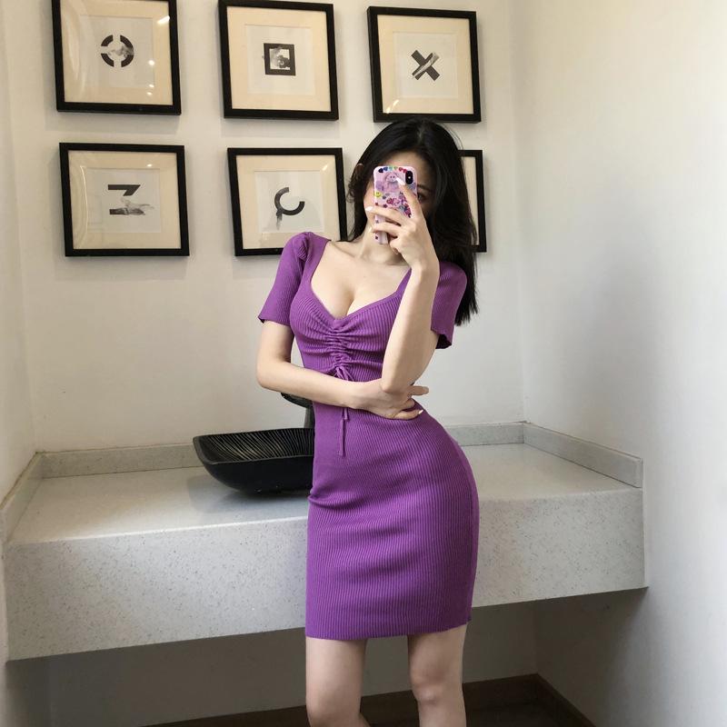 Summer Women's Knitted Dress Slim Fit Waist Cinched Hip Skirt Elegant Drawstring Bodycon Short Dress