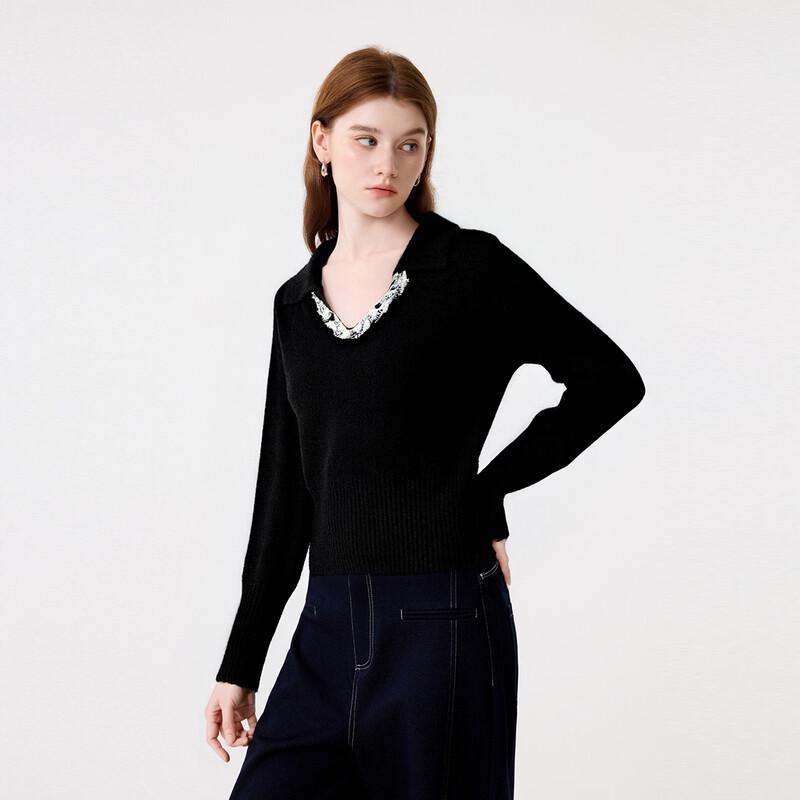 FivePlus Women's Slim Fit V-Neck Knit Sweater with Woven Chain Detail