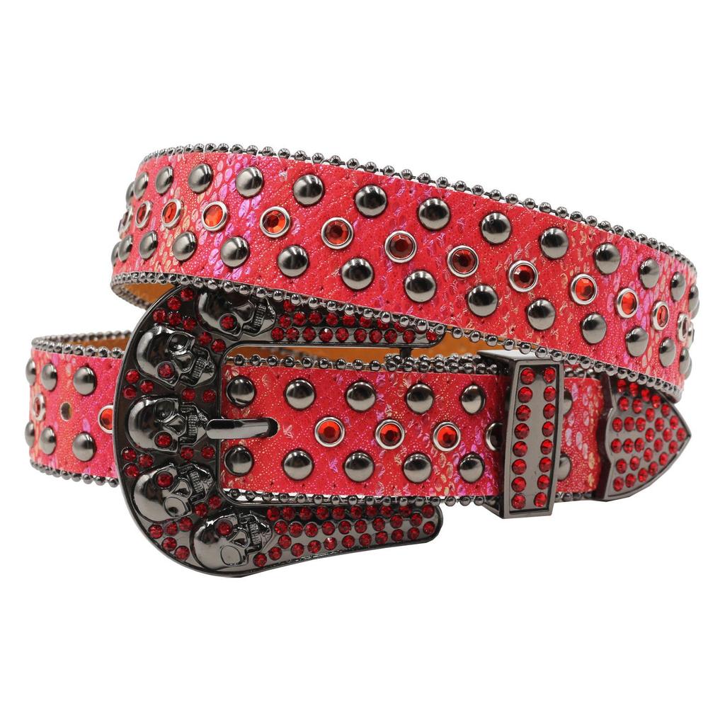 Women's European & American Rhinestone Skull Snake Skin Leather Belt - Extended Denim Style