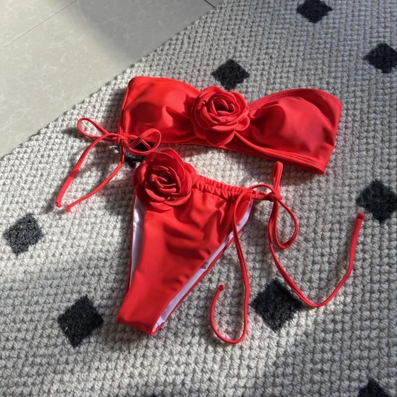 Jednobarevné Rose Tube Top Stahovací popruh Pásek Split Plavky Bikiny