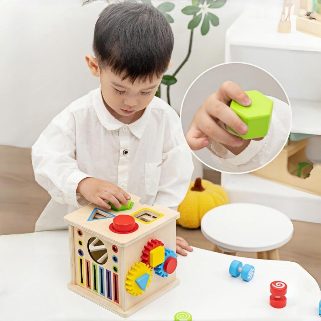 Bajoy 8-in-1 Montessori Toy: A Multi-functional Wooden Toy That Keeps Children Entertained, Featuring Color Sorting, Shape Sorting, Drawers, a
