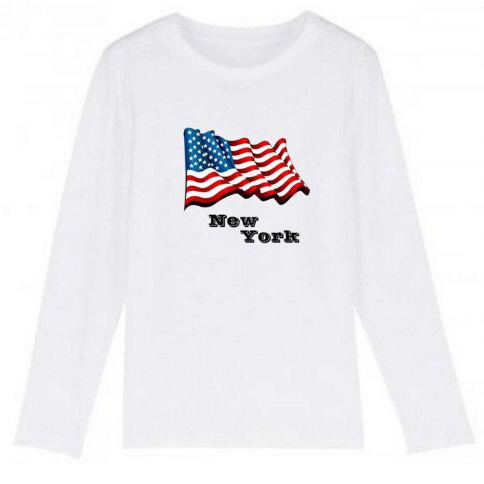 Tee shirt manches longues enfant New York drapeau blanc - Blanc